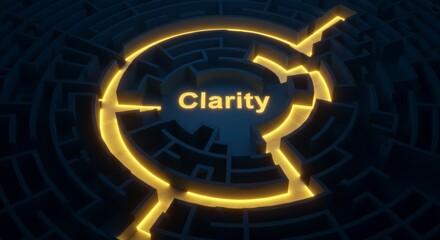 Illuminated Path to Clarity: A Complex Maze - A top-down view of a complex maze with a glowing path leading to the center, where the word "Clarity" is displayed. Symbolizes problem-solving