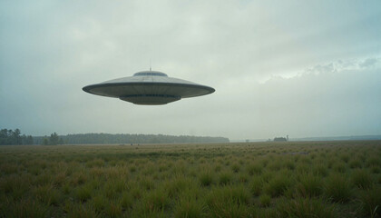 Fototapeta premium UFO hovering over grassy field under overcast sky, unexpected encounter