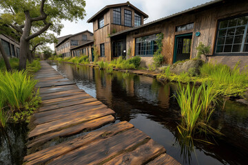Rustic wooden buildings with large windows by a calm canal, lush green marsh plants, and a weathered wooden footpath