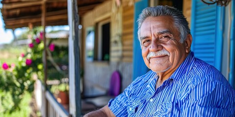 photo of happy old hispanic man in front of house on front porch 