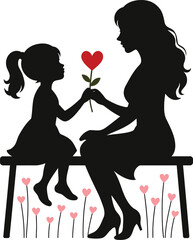 Loving Silhouette Vector of Daughter Giving a Red Heart-Shaped Flower to Her Mother While Sitting on a Bench, Surrounded by Heart Flowers on Light Background – Perfect for Mother’s Day