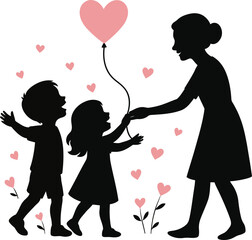 Joyful Silhouette Vector of Mother Giving Heart Balloon to Children Surrounded by Pink Hearts and Flowers on White Background – Ideal for Mother’s Day and Family Celebration Themes