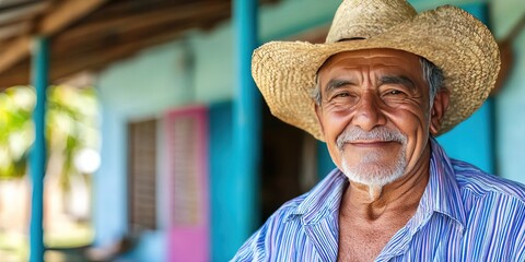 Fototapeta premium photo of happy old hispanic man in front of house on front porch 