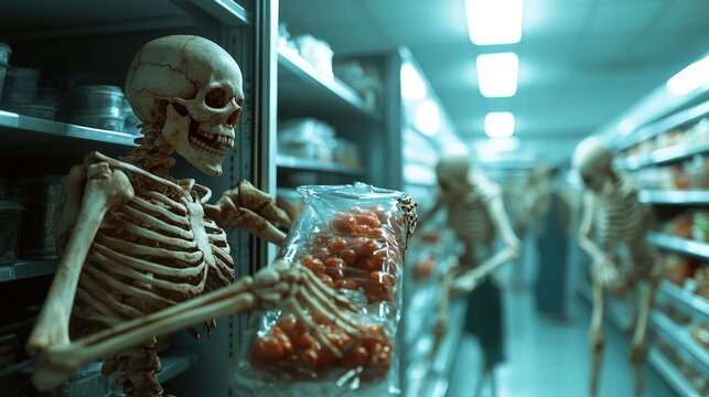 An amusing scenario depicting multiple skeletons engaged in grocery shopping, presenting a humorous juxtaposition of life in a mundane environment with a gothic twist.