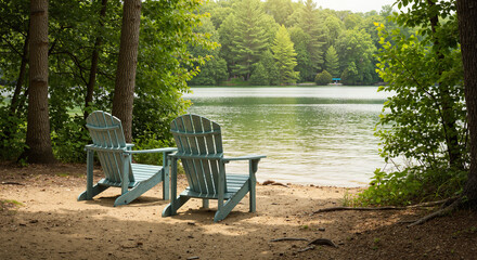 Relaxing view of two blue Adirondack chairs by a serene lake surrounded by trees