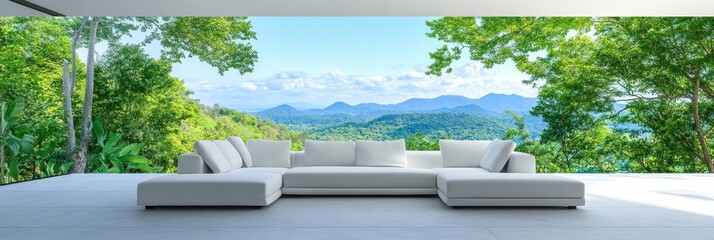 Serene Mountain View Living Room - Modern white sectional sofa faces stunning panoramic mountain and lush green forest view through large windows. Tranquil and luxurious