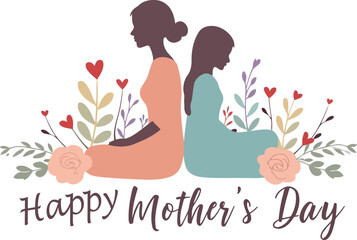 Minimalist Vector Art for Mother’s Day Featuring Stylized Silhouettes of Mother and Daughter Sitting Back-to-Back Amid Colorful Flowers and Hearts on White Background