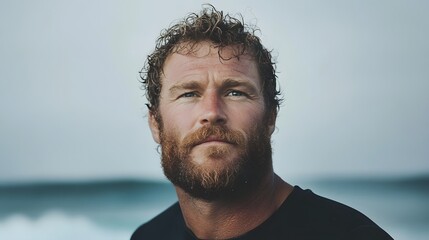 Surfer with a beard looking out at ocean waves Generative AI