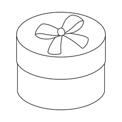 Round present box with cute decorative bow. Contour image of gift carton.