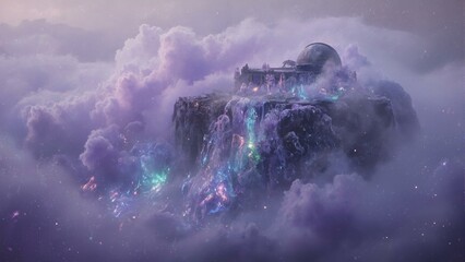 Fototapeta premium Observatory shrouded in swirling purple fog, perched on a cliff, bathed in soft starlight and rainbow hues.