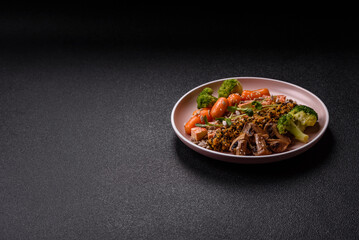 Food bowl with tofu, quinoa, broccoli and carrots, microgreens