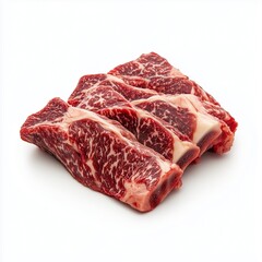 Fototapeta premium A close-up of fresh beef ribs on the bone, showcasing their rich marbling and vibrant red color, isolated against a clean white background