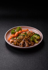 Food bowl with tofu, quinoa, broccoli and carrots, microgreens