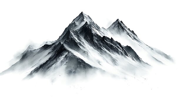 An artistic mountain range covered in snow and shrouded in mist