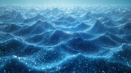 Underwater scene with blue waves, white lights resembling code, suggesting a digital or futuristic environment.