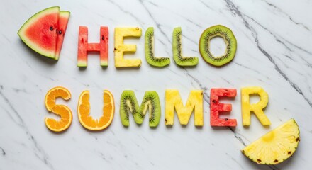 Hello summer title made from cut fruit on marble background. Colorful fruits forming word for warm season welcome. Healthy food and vacation concept.