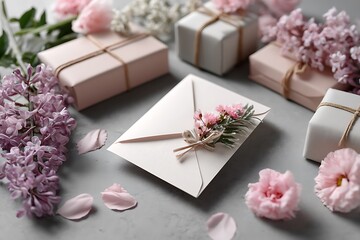A cozy flat lay of a Mother's Day greeting card, surrounded by gentle flower petals and beautifully wrapped gifts, capturing the essence of celebration and affection.