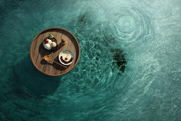 Obraz premium A Minimalist Summer Still Life with a Wooden Tray Floating on Teal Water, featuring Whipped Cream, Berries, and a Smoothie, all bathed in Sunlight