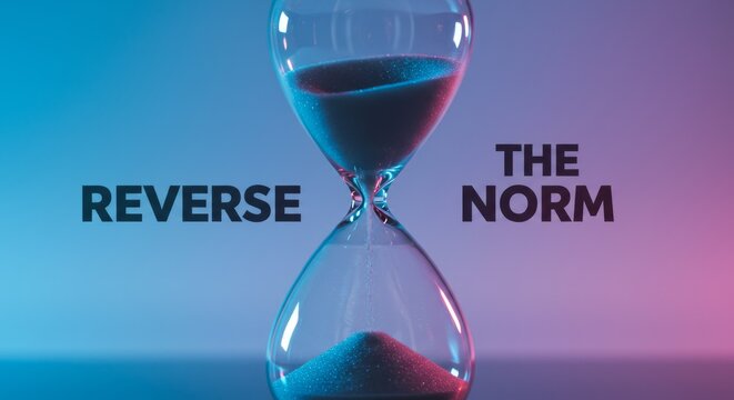 Reverse the Norm: Time's Upward Flow - An hourglass defies gravity, symbolizing change, innovation, progress, defying expectations, and a new perspective