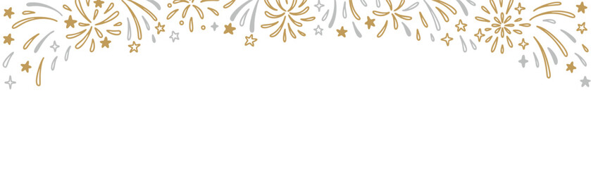 Merry Christmas and Happy New Year firework doodle background. Golden and silver firecracker, stars, confetti, glitter party celebration sketch scribble border. Childish drawing rectangle poster