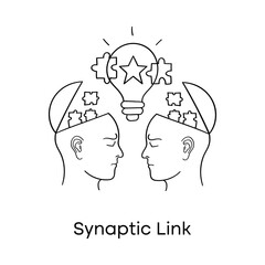 Vector icon for Synaptic Link. Line art of two heads facing each other with puzzle pieces and a lightbulb between them, symbolizing connected thinking and collaboration.