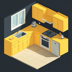 A small, inviting kitchen with vibrant yellow cabinets, a stove, oven, sink, and various modern appliances, creating a stylish yet functional space with neatly arranged utensils and decor.