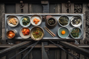 A captivating overhead view of an array of delicious Korean banchan, meticulously arranged on a rustic metal tray.