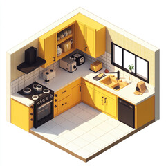 A small, inviting kitchen with vibrant yellow cabinets, a stove, oven, sink, and various modern appliances, creating a stylish yet functional space with neatly arranged utensils and decor.