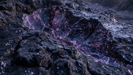 Basalt columns, quartz veins, stardust shimmer on a lunar-like landscape under twilight sky.