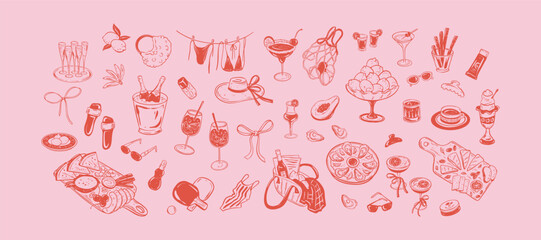 Summer beach girls bachelorette party hand drawn doodle vector illustration. Pink rectangle girly coquette background. Birthday, wedding invitation. Italian, French picnic with wine and oysters
