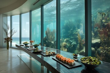 Fototapeta premium Underwater Restaurant Buffet: Luxurious oceanfront dining experience with fresh sushi