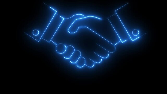 glowing neon Close up hands business people shaking successful corporate partnership deal done. Simple icon for websites, web design, mobile app, info graphics partners slow motion black background.