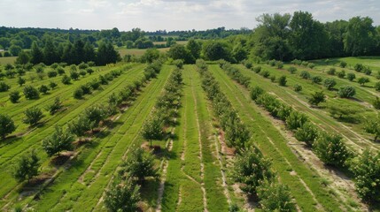 Fototapeta premium Aerial view of a well maintained fruit orchard rows of young trees growing