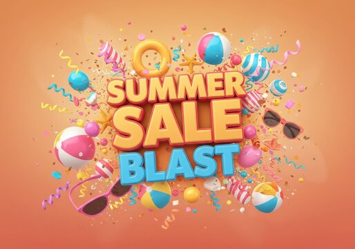 Summer Sale Blast: Beach Ball Bonanza - Celebrate summer savings with this vibrant sale explosion! Beach balls, sunglasses, confetti—it's a party for your wallet. Fun, discounts, summer, excitement