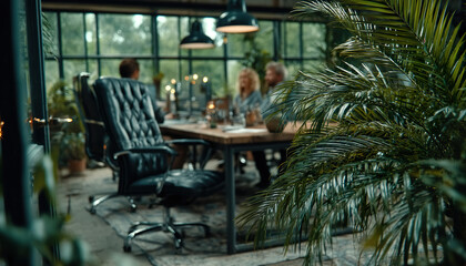 Fototapeta premium Cozy office with tropical decor, elegant black chairs, and group of people talking Generated with AICozy office with tropical decor, elegant black chairs, and group of people talking Generated with AI