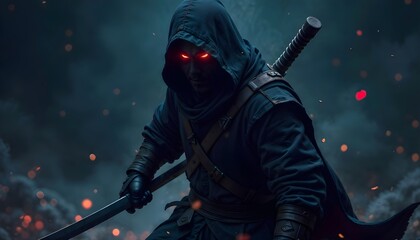 Dark Hooded Ninja Warrior with Glowing Eyes and Katana in Fiery Night Background. 