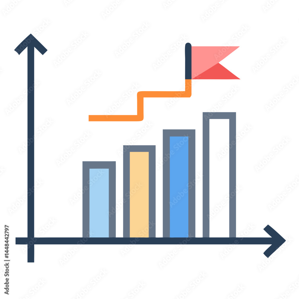 Poster bar chart with arrow and flag icon representing business growth and strategic planning