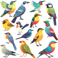 Vibrant Birds Collection: A stunning assortment of colorful and beautifully detailed birds, each showcasing unique plumage and features, perfect for any nature-themed project.