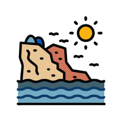 Coastal Cliff with Sun Icon Representing Seaside Landscape and Natural Beauty