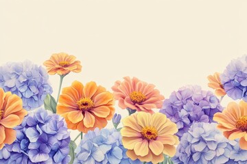 Delicate floral arrangement of hydrangeas and zinnias in pastel hues.
