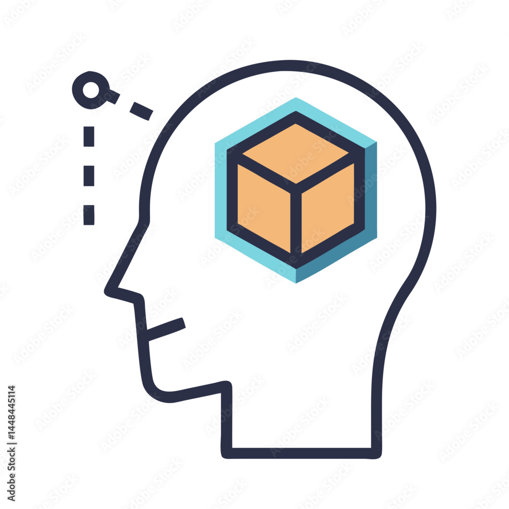 Poster Human Head with Cube Icon Representing AI 3D Modeling and Spatial Intelligence