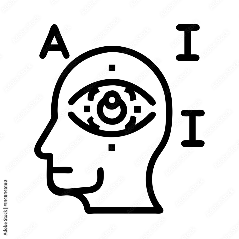 Poster human head with eye symbol icon indicating ai recognition and visual intelligence