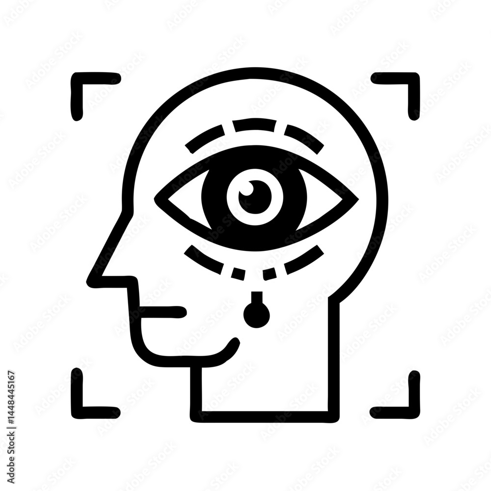 Poster human head with eye symbol icon indicating ai recognition and visual intelligence