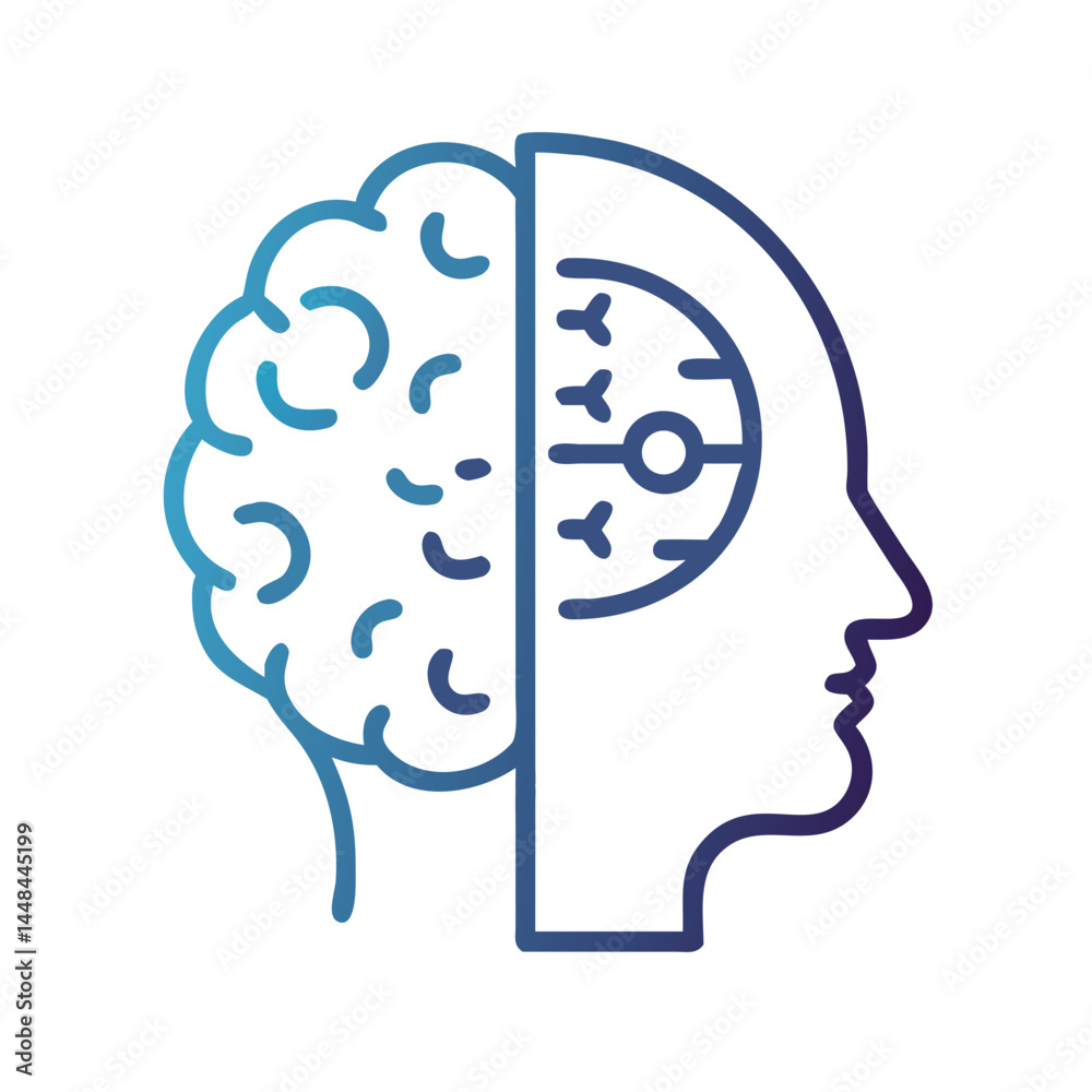 Poster Human Head with Half-Shaded Brain Icon Representing Cognitive Function and Artificial Intelligence