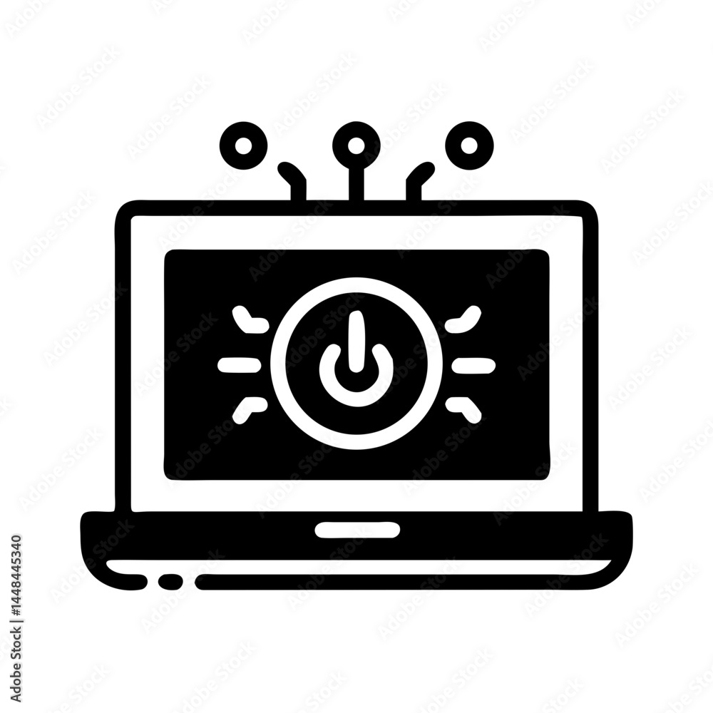 Poster Laptop Displaying Power Symbol Icon Representing AI Technology and Intelligent Computing