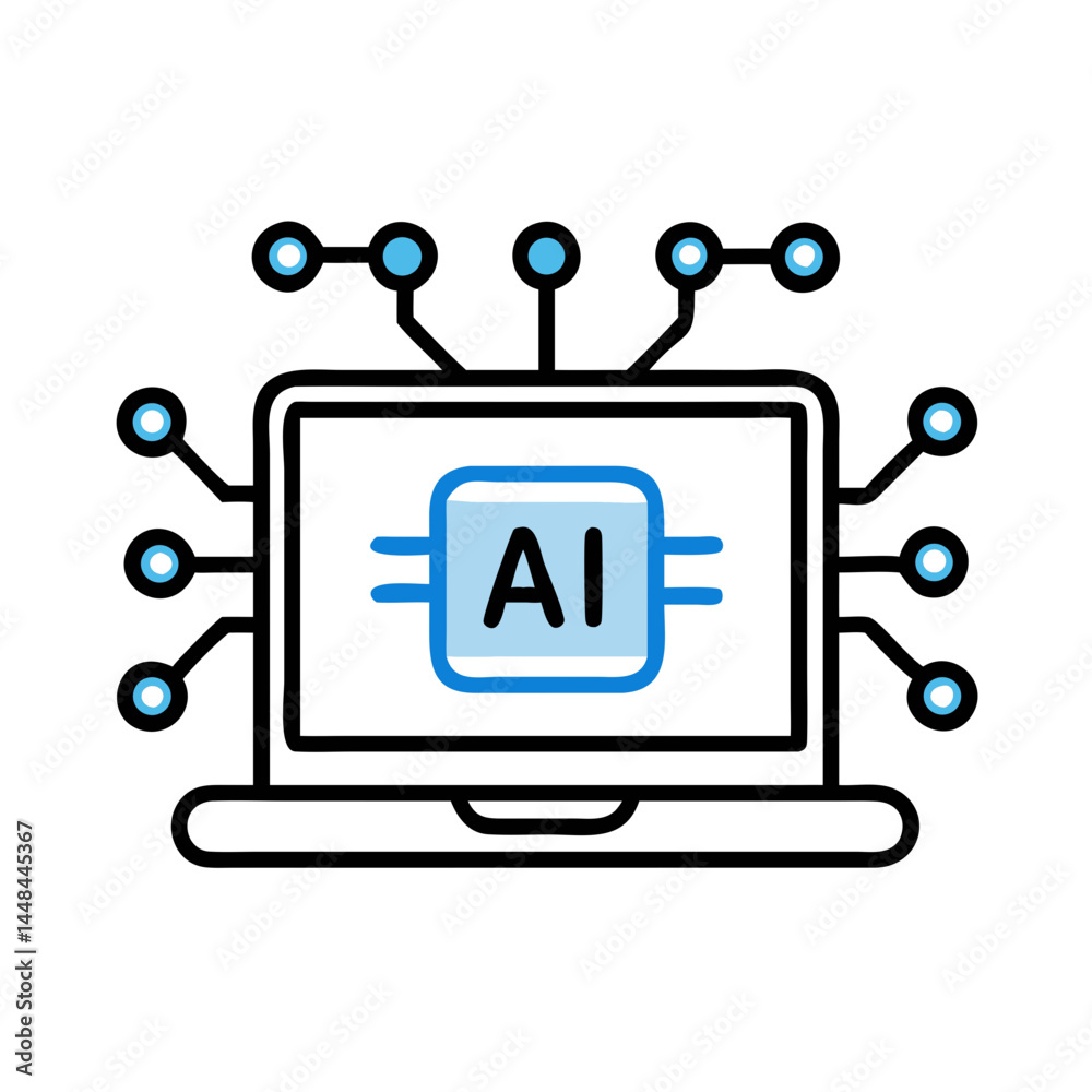Poster Laptop with AI Label Connected to Network Icon Representing Artificial Intelligence and Digital Connectivity