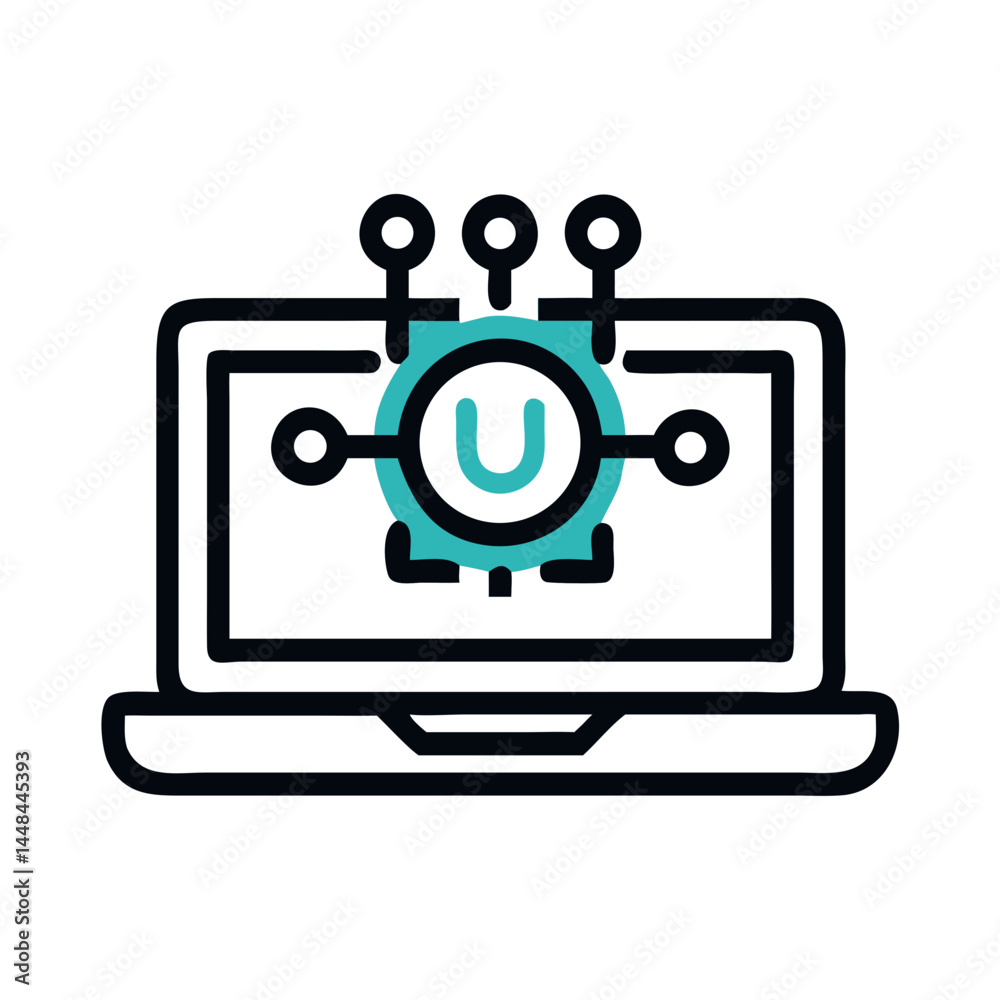 Poster laptop displaying power symbol icon representing ai technology and intelligent computing