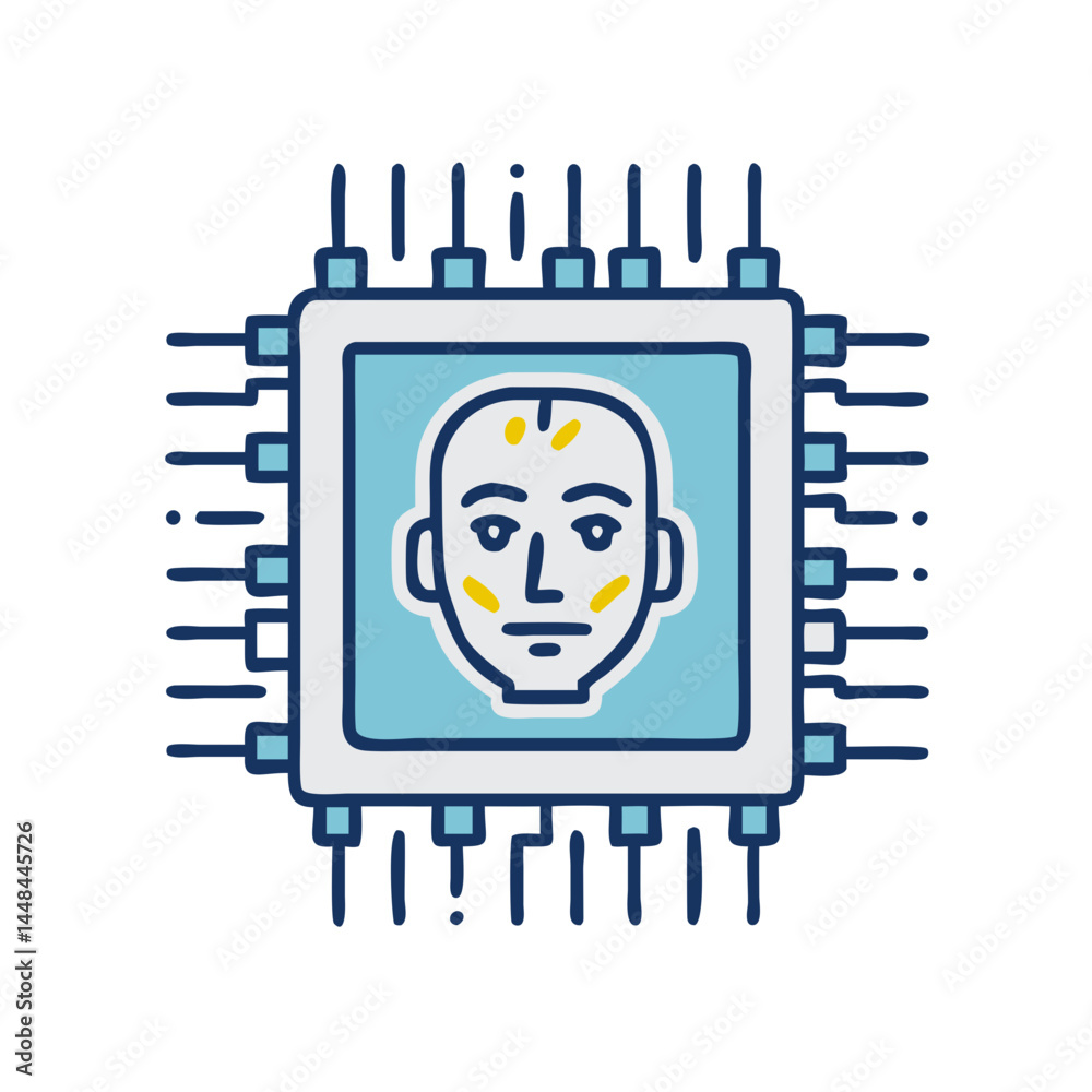 Poster Microchip with Human Face Icon Representing AI Facial Recognition and Biometric Processing