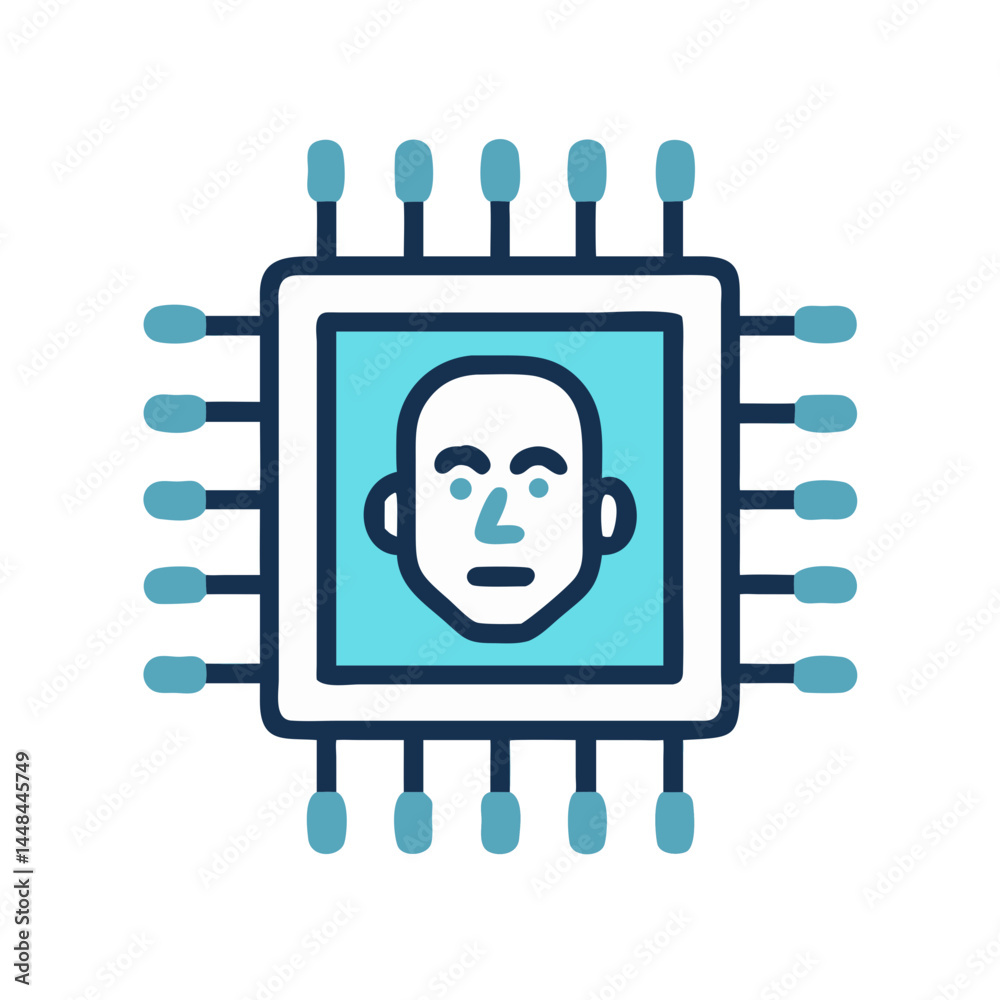 Poster Microchip with Human Face Icon Representing AI Facial Recognition and Biometric Processing
