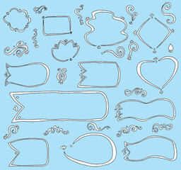 Set of frames with curved lines and white fill, hand drawn scribbles on blue background: cloud shapes, rhombus, rectangle, long and short ribbon, wavy ribbons, heart, oval, flower shape